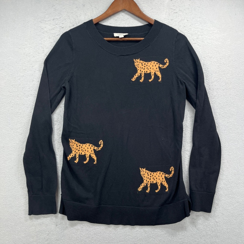 LOFT Sweater Women S Black Cheetah Animal Print Pullover Crew Neck Casual Preppy